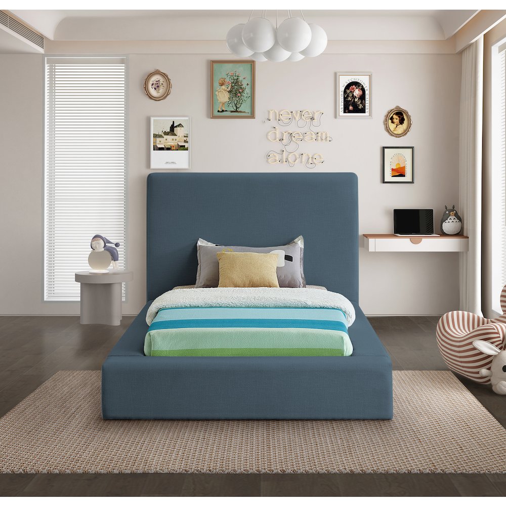 Devin Navy Linen Textured Fabric Twin Bed. Picture 3