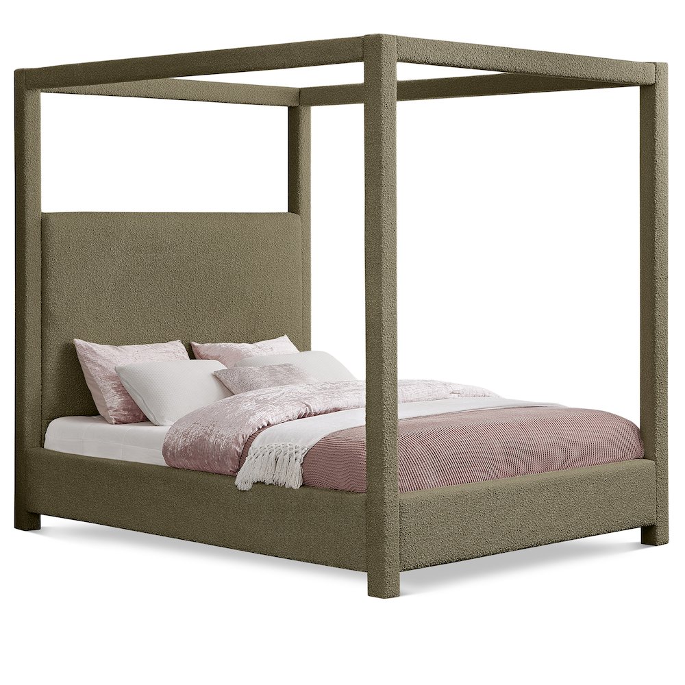Eden Olive Boucle Fabric Queen Bed. Picture 1