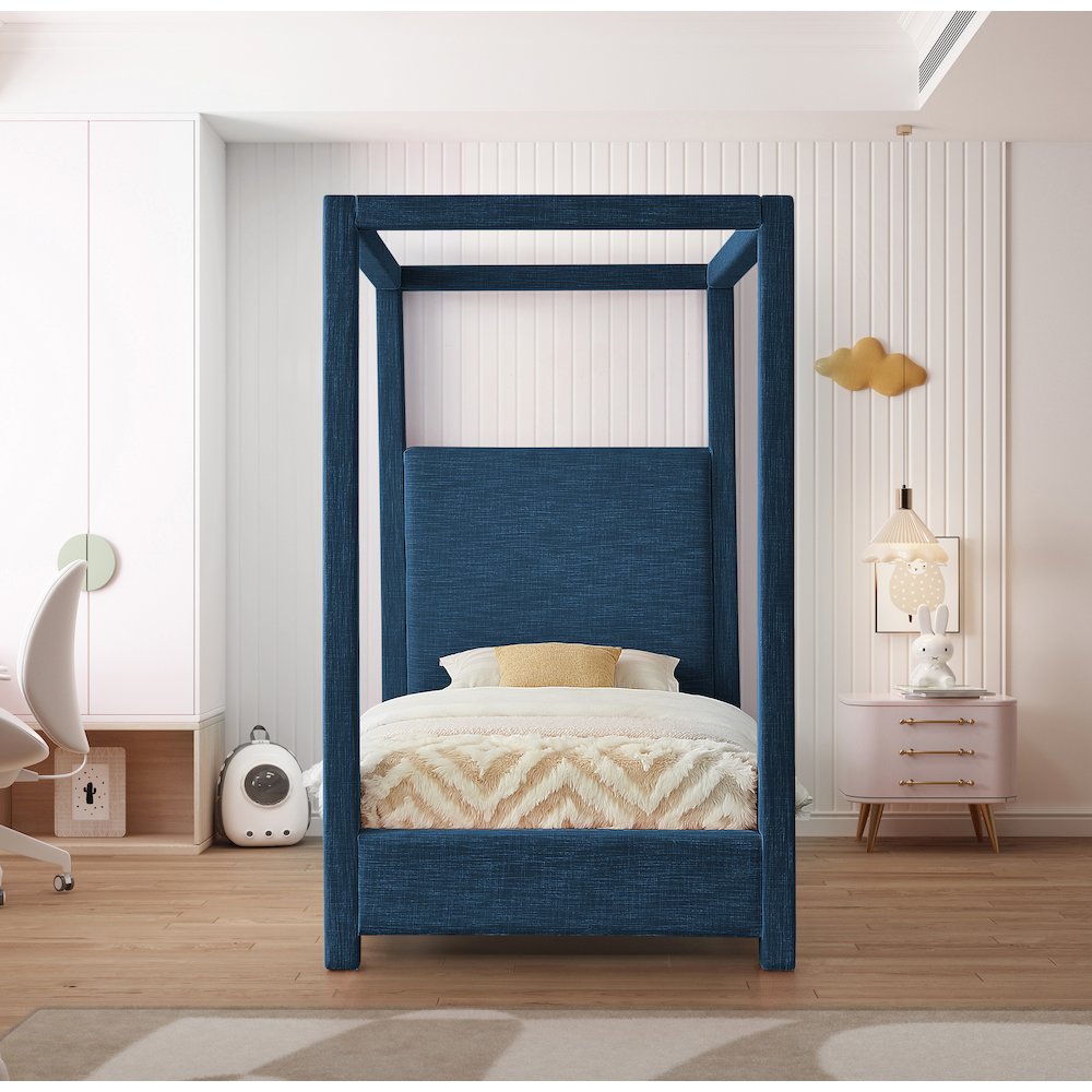 Emerson Navy Linen Textured Fabric Twin Bed. Picture 3