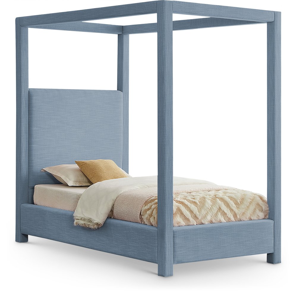 Emerson Sky Blue Linen Textured Fabric Twin Bed. Picture 1