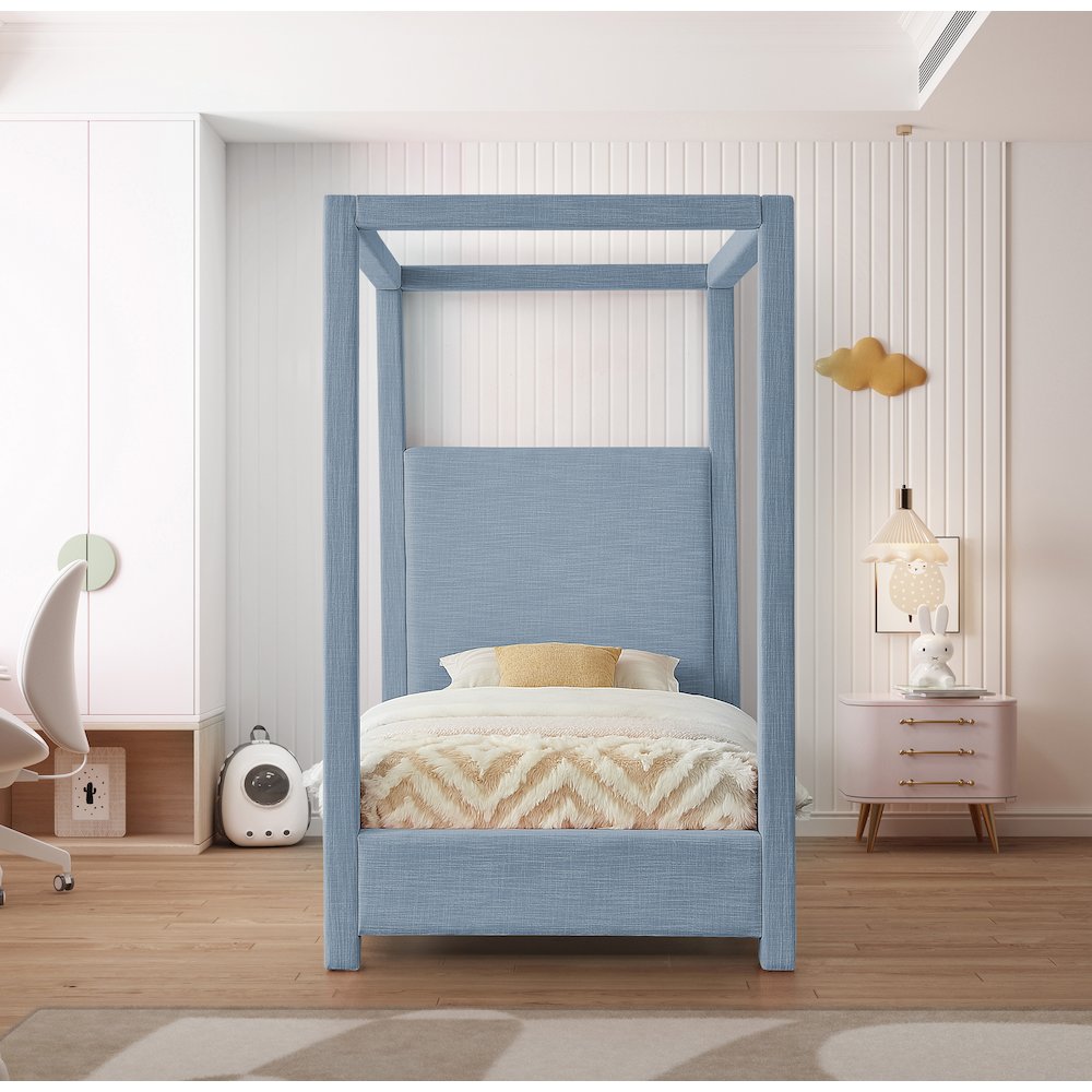 Emerson Sky Blue Linen Textured Fabric Twin Bed. Picture 3
