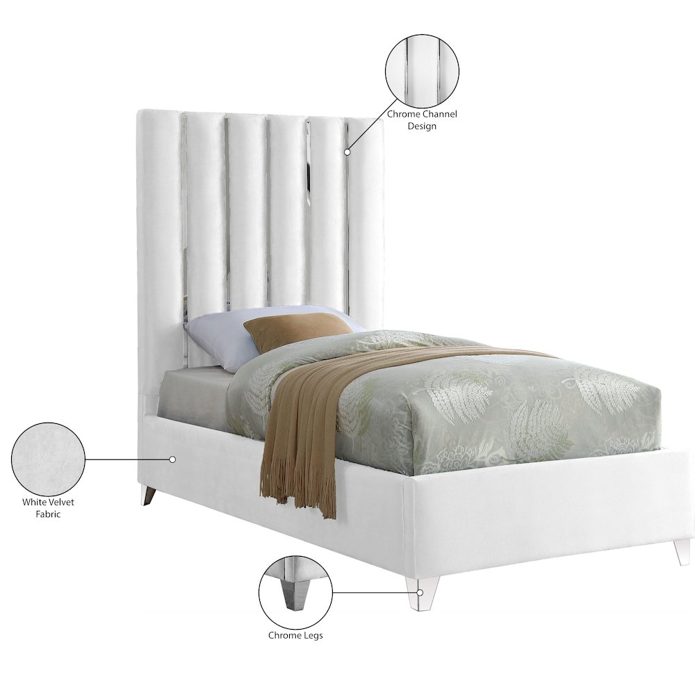 Enzo White Velvet Twin Bed. Picture 3