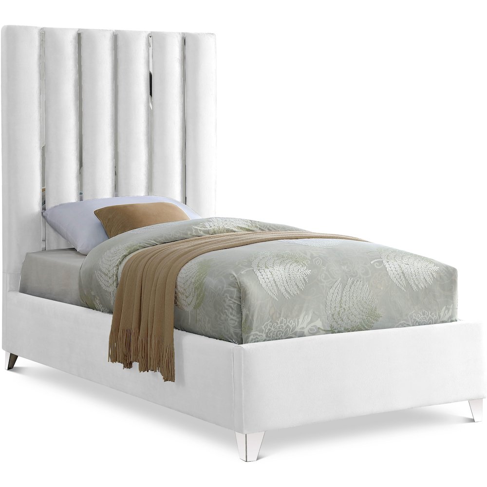 Enzo White Velvet Twin Bed. Picture 1