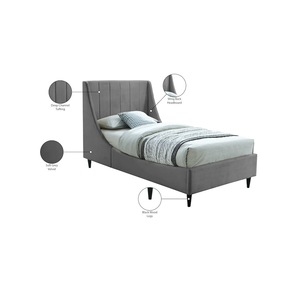 Eva Grey Velvet Twin Bed. Picture 8