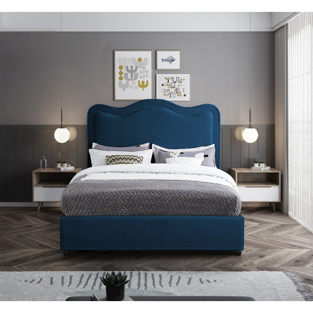 Felix Navy Linen Textured Fabric King Bed. Picture 3