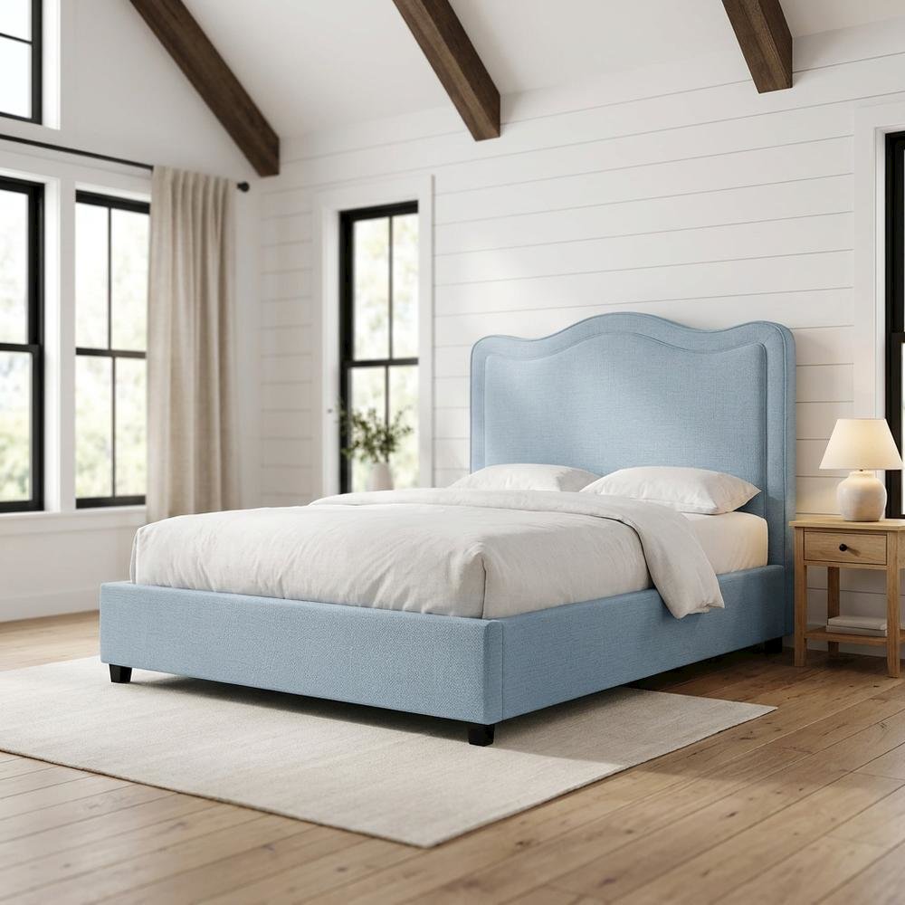 Linen Textured Fabric Platform Bed, Light Blue Linen Textured Fabric. Picture 2