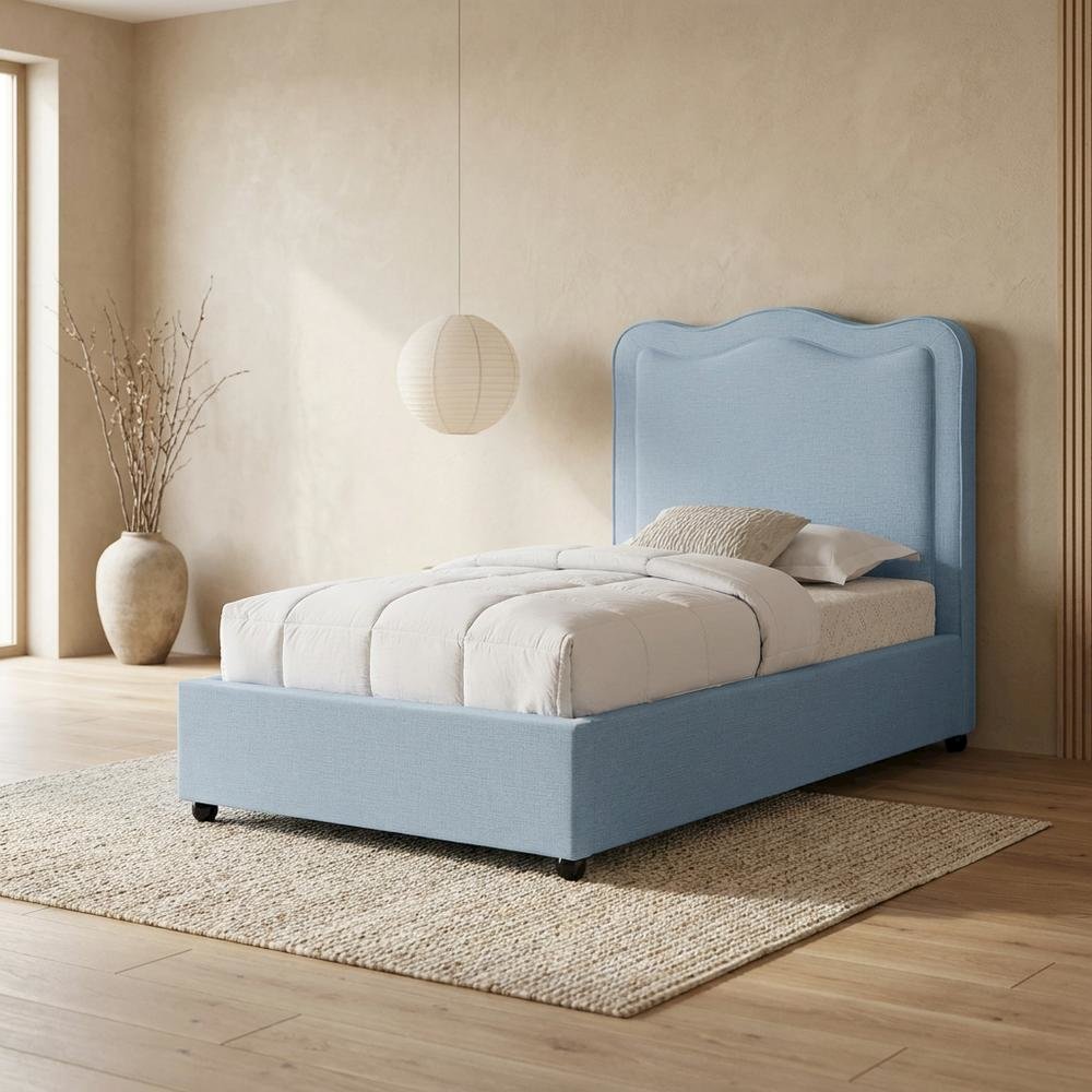 Linen Textured Fabric Platform Bed, Light Blue Linen Textured Fabric. Picture 3