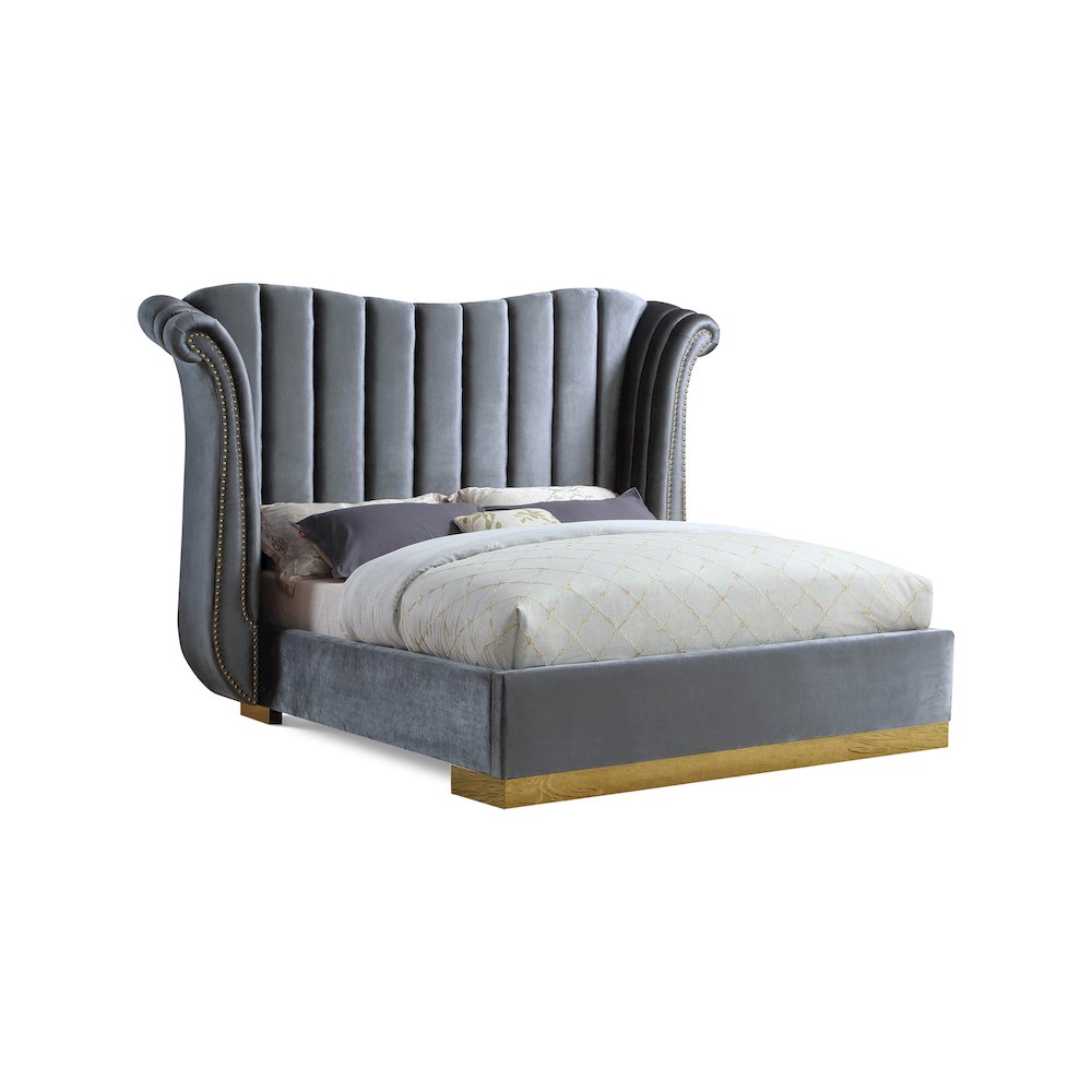 Flora Grey Velvet Queen Bed. Picture 1