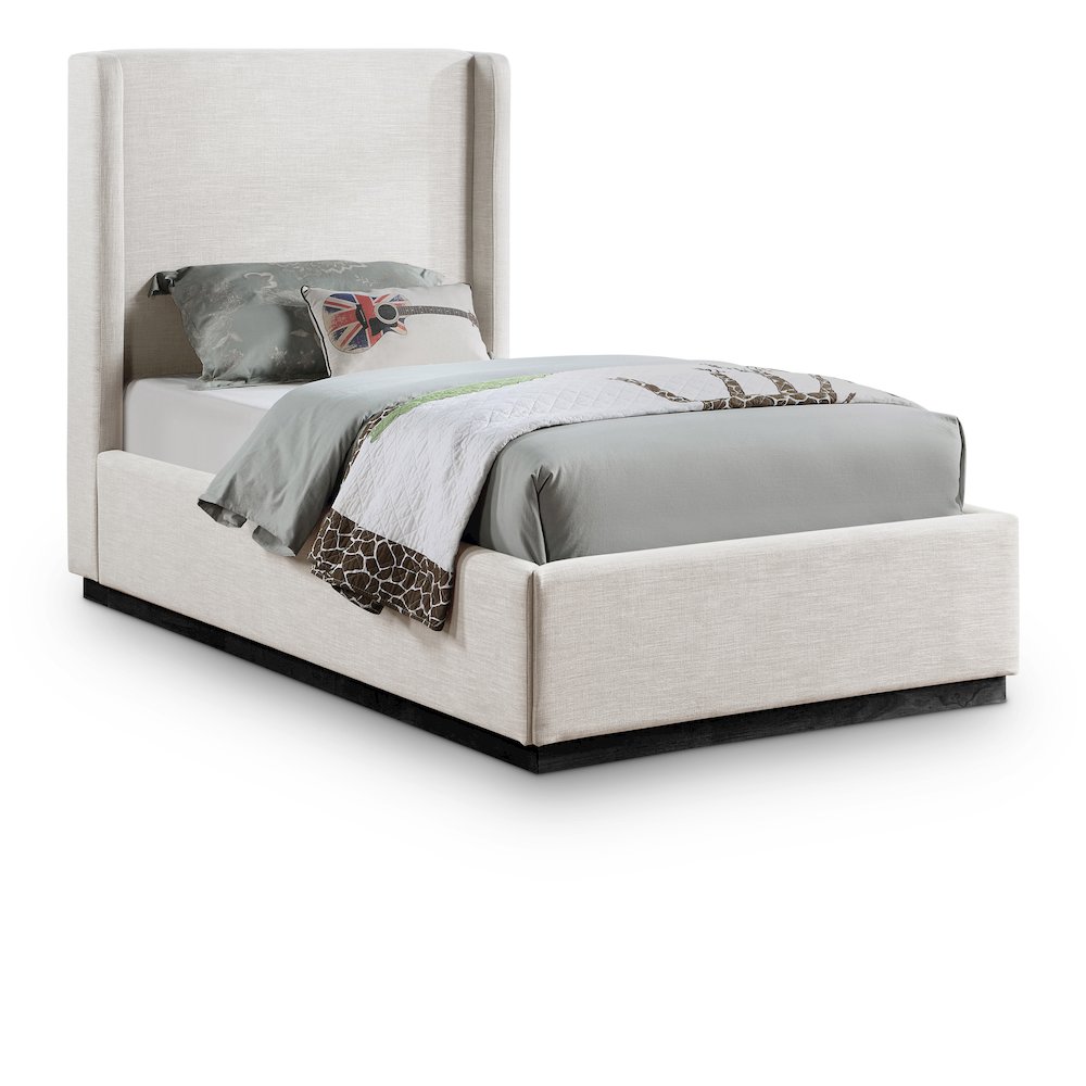 Flynn Beige Linen Textured Fabric Twin Bed. Picture 1