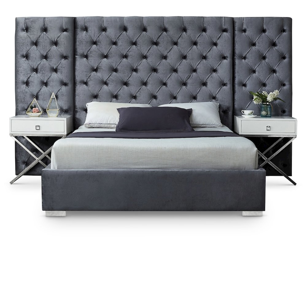 Grande Grey Velvet King Bed. Picture 1