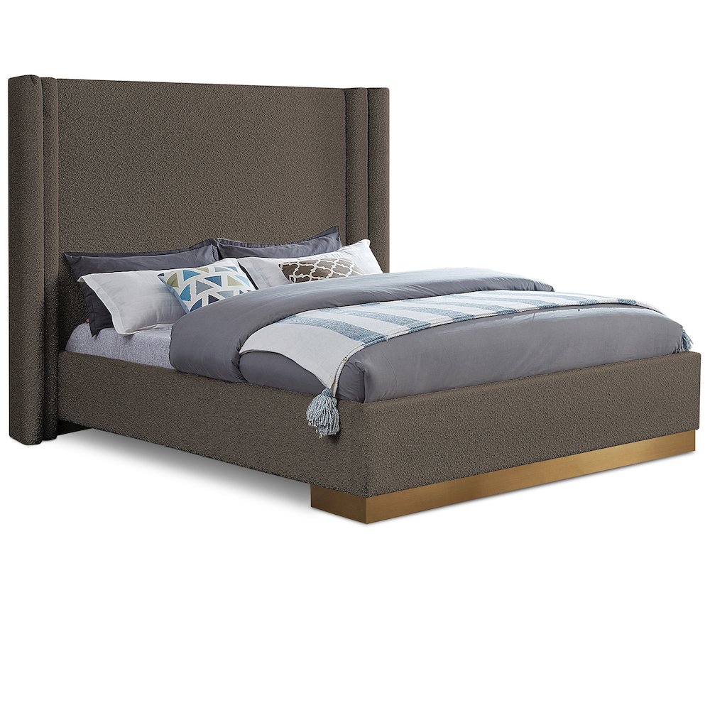 Halton Brown Boucle Fabric Queen Bed. Picture 1