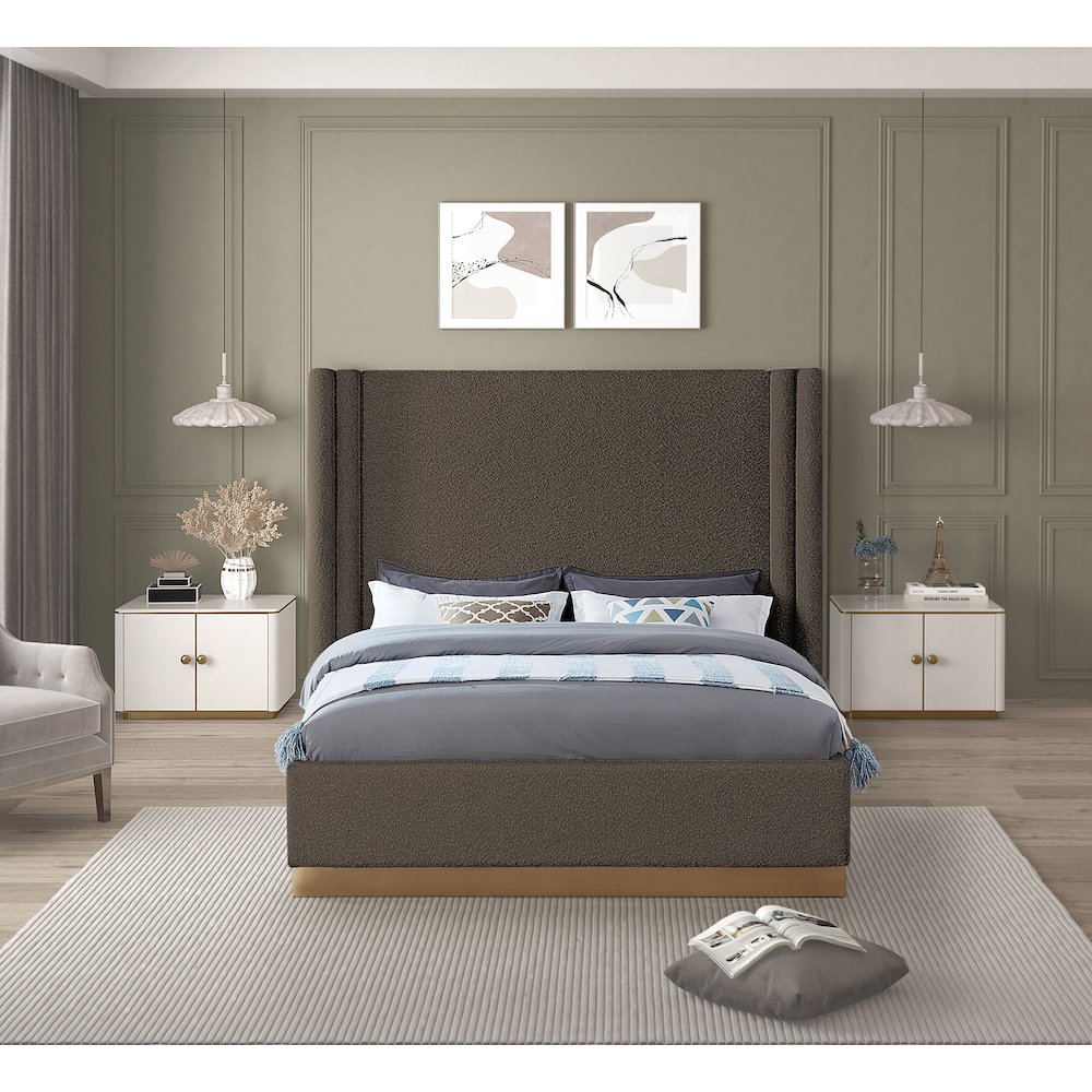 Halton Brown Boucle Fabric Queen Bed. Picture 3