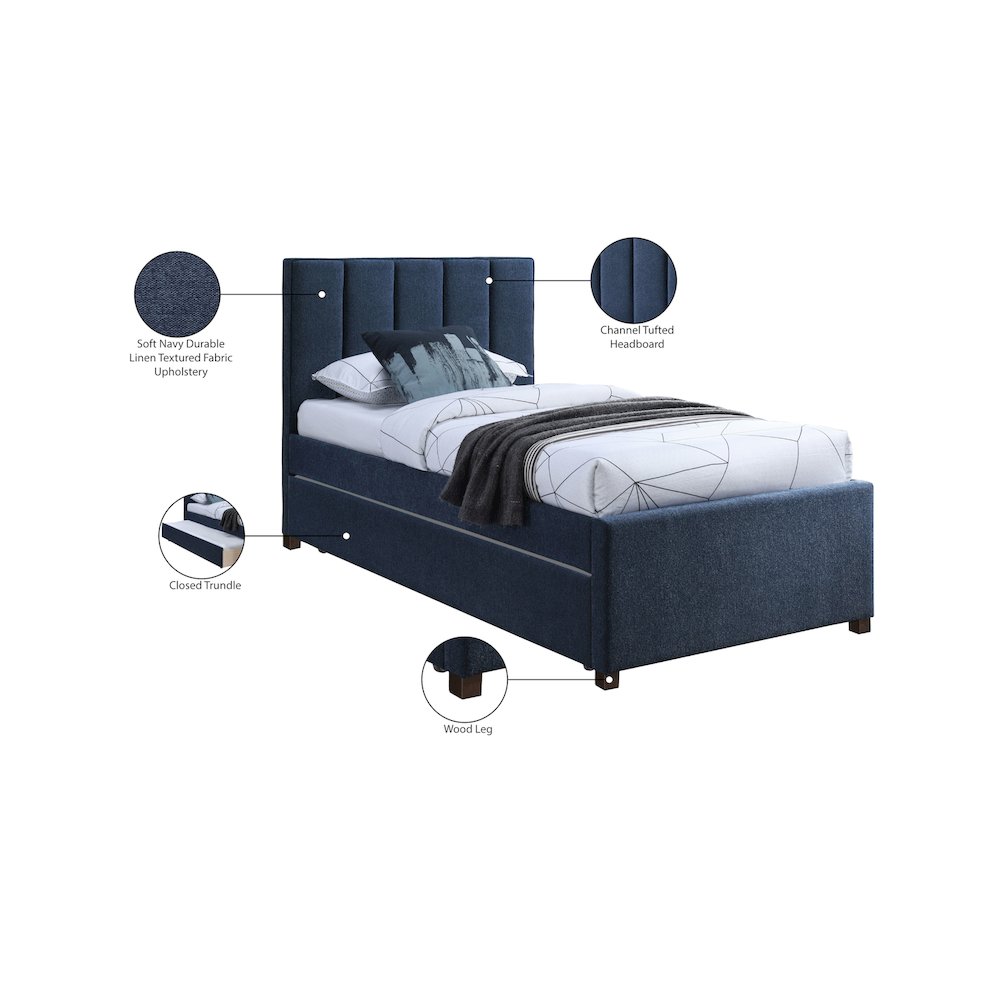 Harper Navy Linen Textured Fabric Twin Trundle Bed. Picture 9