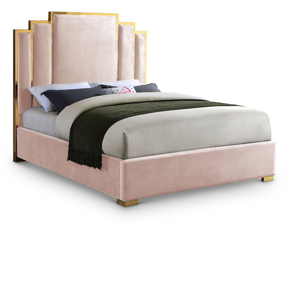 Hugo Pink Velvet Queen Bed. Picture 1