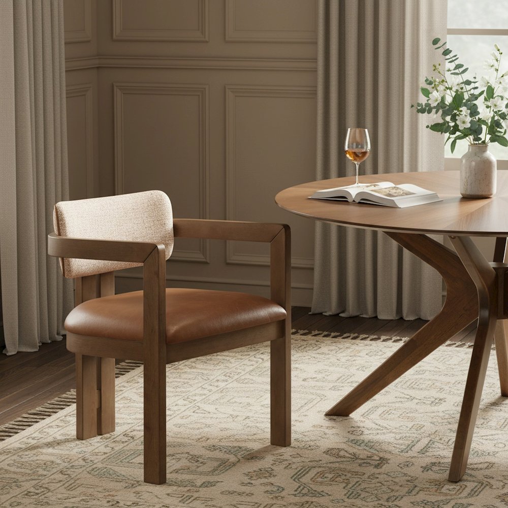 Ravina Cognac Vegan Leather and Linen Fabric Upholstered Dining Chair, Set of 2. Picture 3