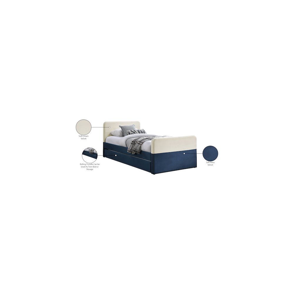 Ivy Navy & Cream Velvet Twin Trundle/Storage Bed. Picture 8