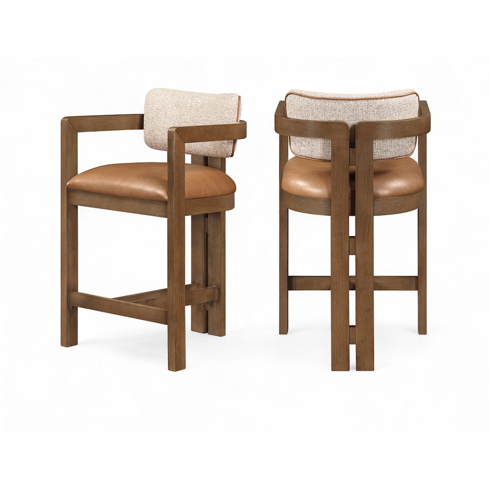 Ravina Cognac Vegan Leather and Linen Textured Fabric Upholstered Counter Stool. Picture 1