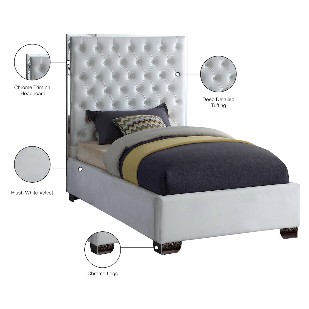 Lexi White Velvet Twin Bed. Picture 3