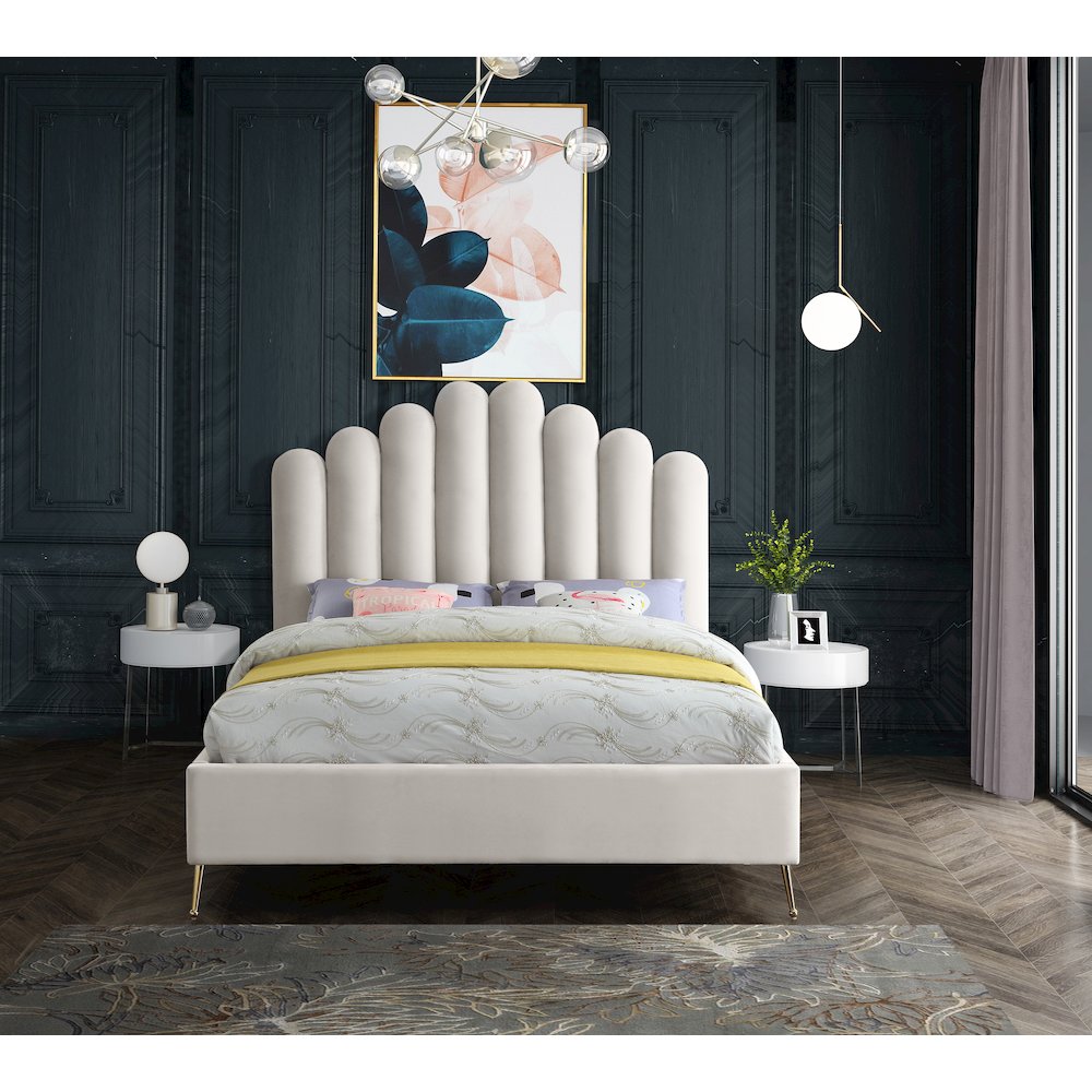 Lily Cream Velvet Queen Bed. Picture 3