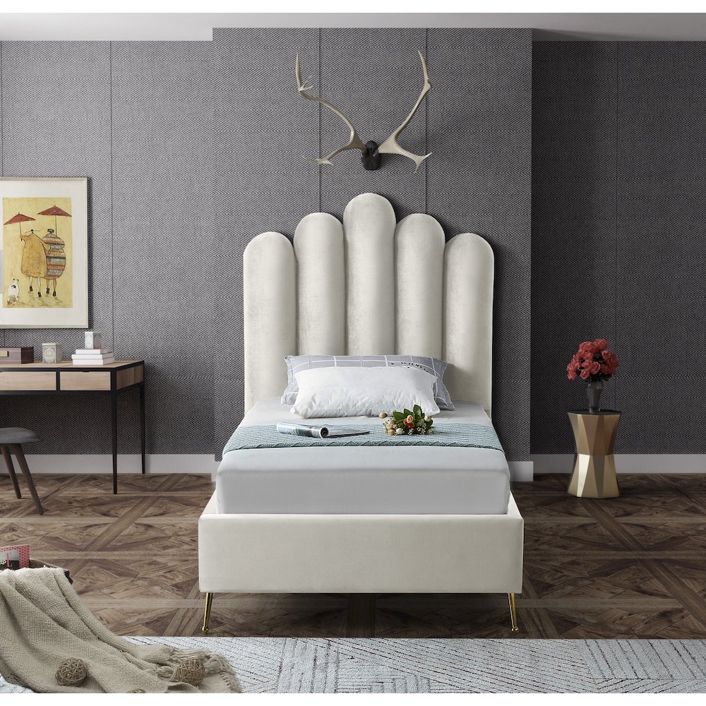 Lily Cream Velvet Twin Bed. Picture 3