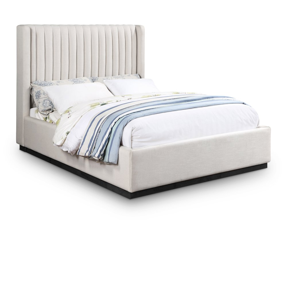 Logan Beige Linen Textured Fabric Queen Bed. Picture 1