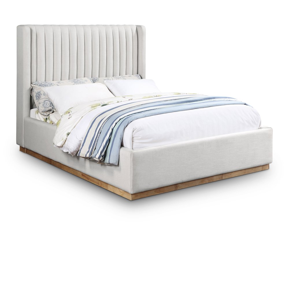 Logan Cream Linen Textured Fabric Queen Bed. Picture 1