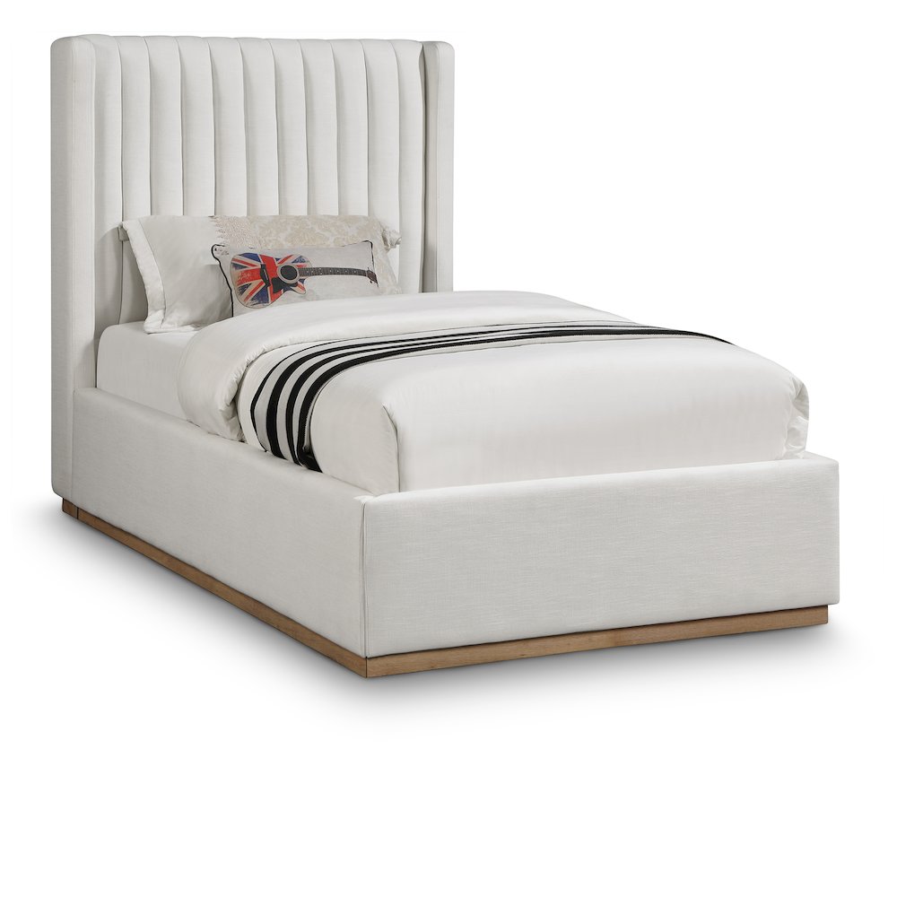 Logan Cream Linen Textured Fabric Twin Bed. Picture 1