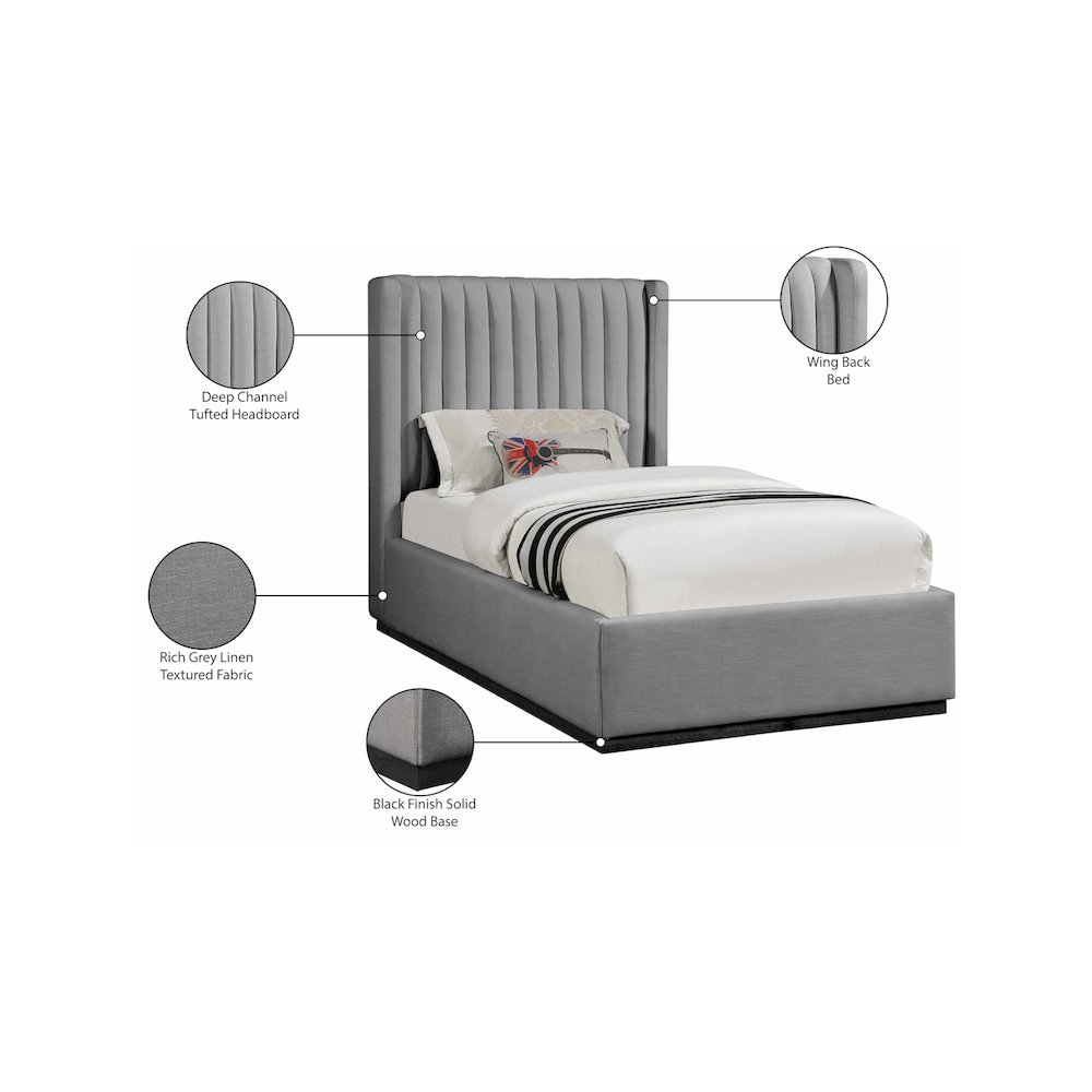 Logan Grey Linen Textured Fabric Twin Bed. Picture 8