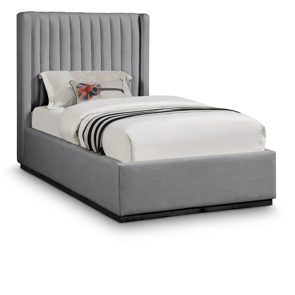 Logan Grey Linen Textured Fabric Twin Bed. Picture 1