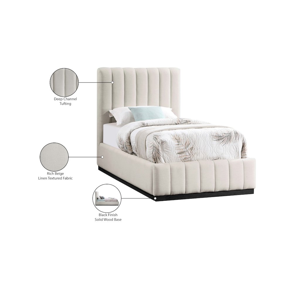 Lucia Beige Linen Textured Fabric Twin Bed. Picture 11