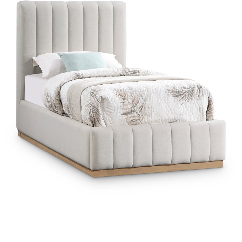 Lucia Cream Linen Textured Fabric Twin Bed. Picture 1