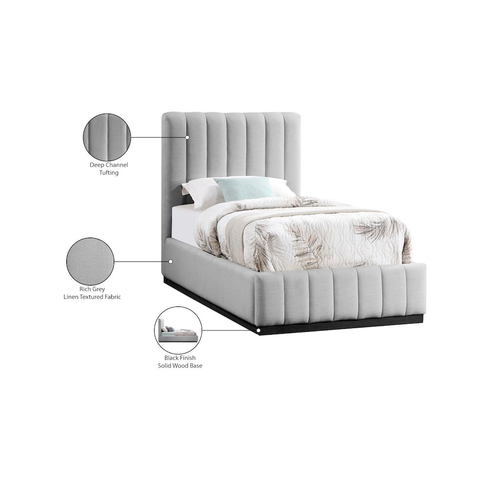 Lucia Grey Linen Textured Fabric Twin Bed. Picture 11