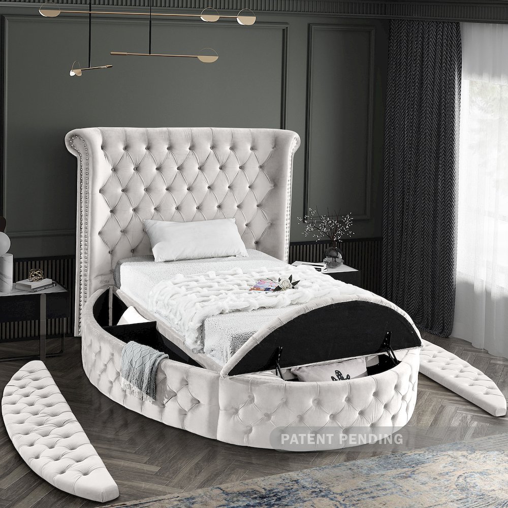 Luxus Cream Velvet Twin Bed. Picture 7