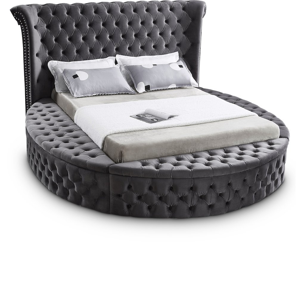Luxus Grey Velvet King Bed. Picture 1