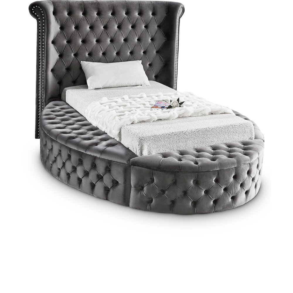 Luxus Grey Velvet Twin Bed. Picture 1