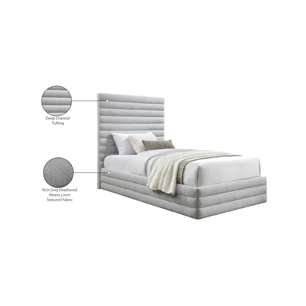 Maxwell Grey Linen Textured Fabric Twin Bed. Picture 7