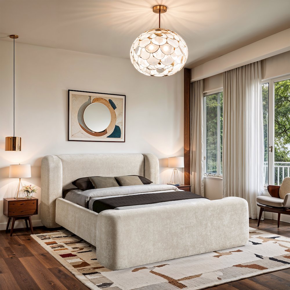 Modena Cream Chenille Fabric Upholstered King Bed. Picture 7