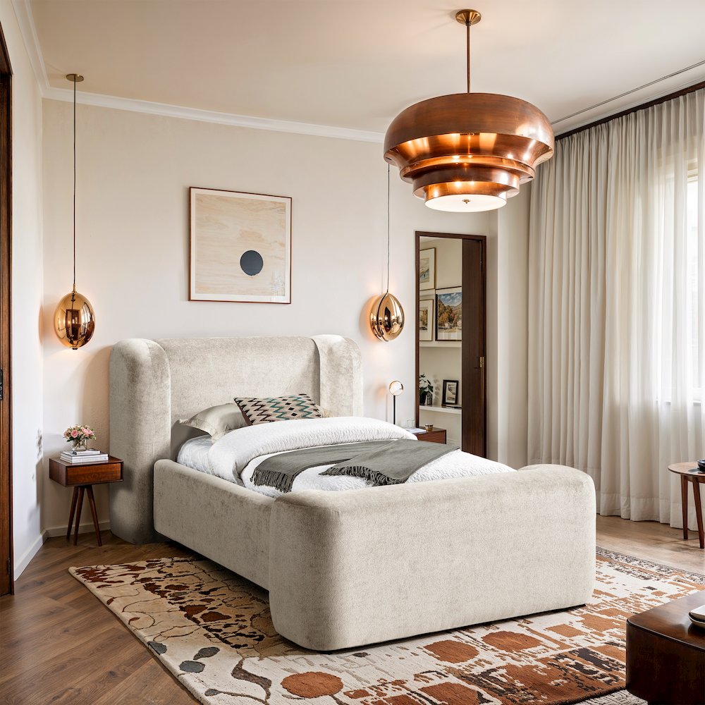 Modena Cream Chenille Fabric Upholstered Twin Bed. Picture 7