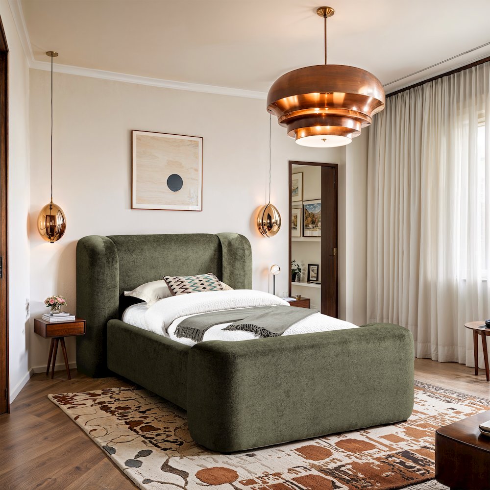 Modena Green Chenille Fabric Upholstered Twin Bed. Picture 7