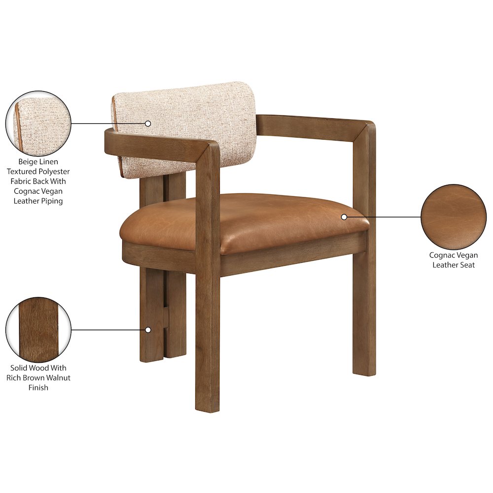 Ravina Cognac Vegan Leather and Linen Fabric Upholstered Dining Chair, Set of 2. Picture 12