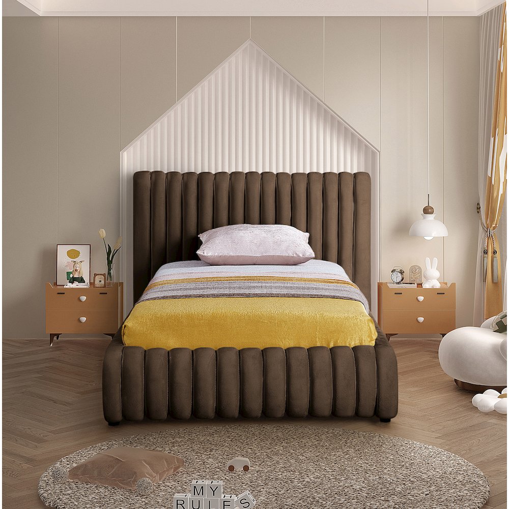 Nico Brown Velvet Twin Bed. Picture 3