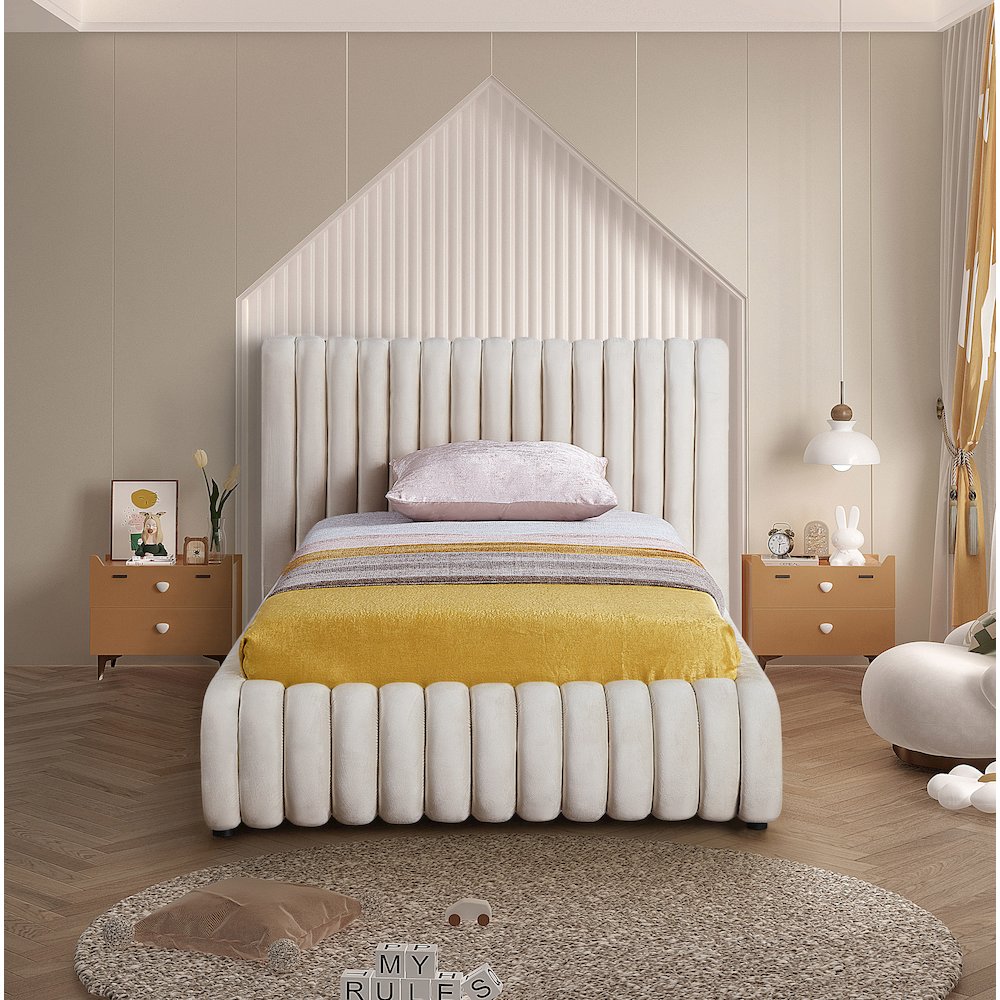 Nico Cream Velvet Twin Bed. Picture 3
