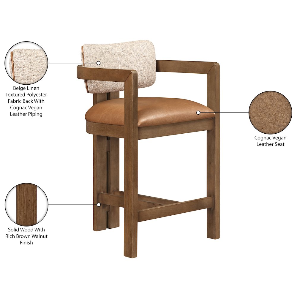 Ravina Cognac Vegan Leather and Linen Textured Fabric Upholstered Counter Stool. Picture 10