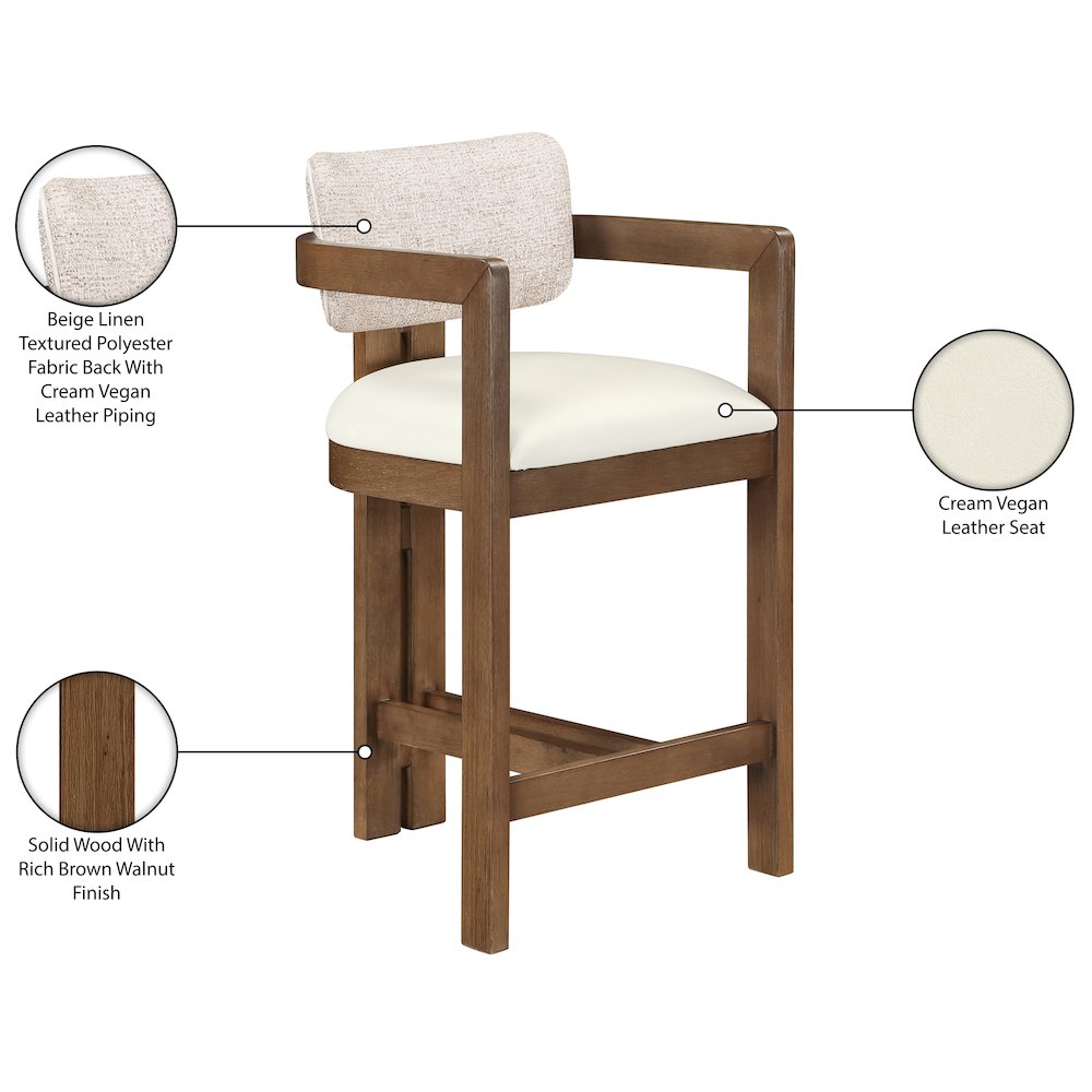 Ravina Beige Vegan Leather and Linen Textured Fabric Upholstered Counter Stool. Picture 10