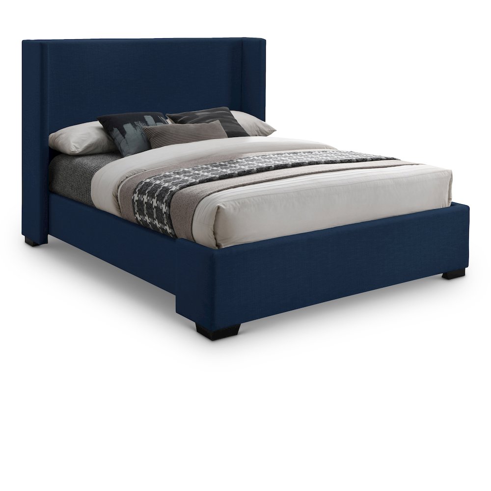 Oxford Navy Linen Textured Fabric Queen Bed. Picture 1