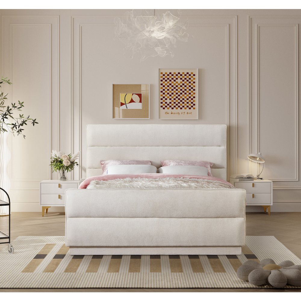 Paxton Cream Chenille Fabric Queen Bed. Picture 3