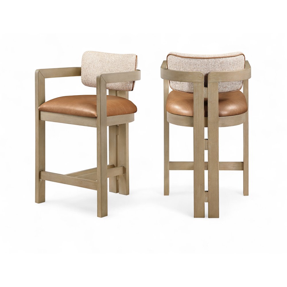 Ravina Cognac Vegan Leather and Linen Fabric Upholstered Counter Stool. Picture 1