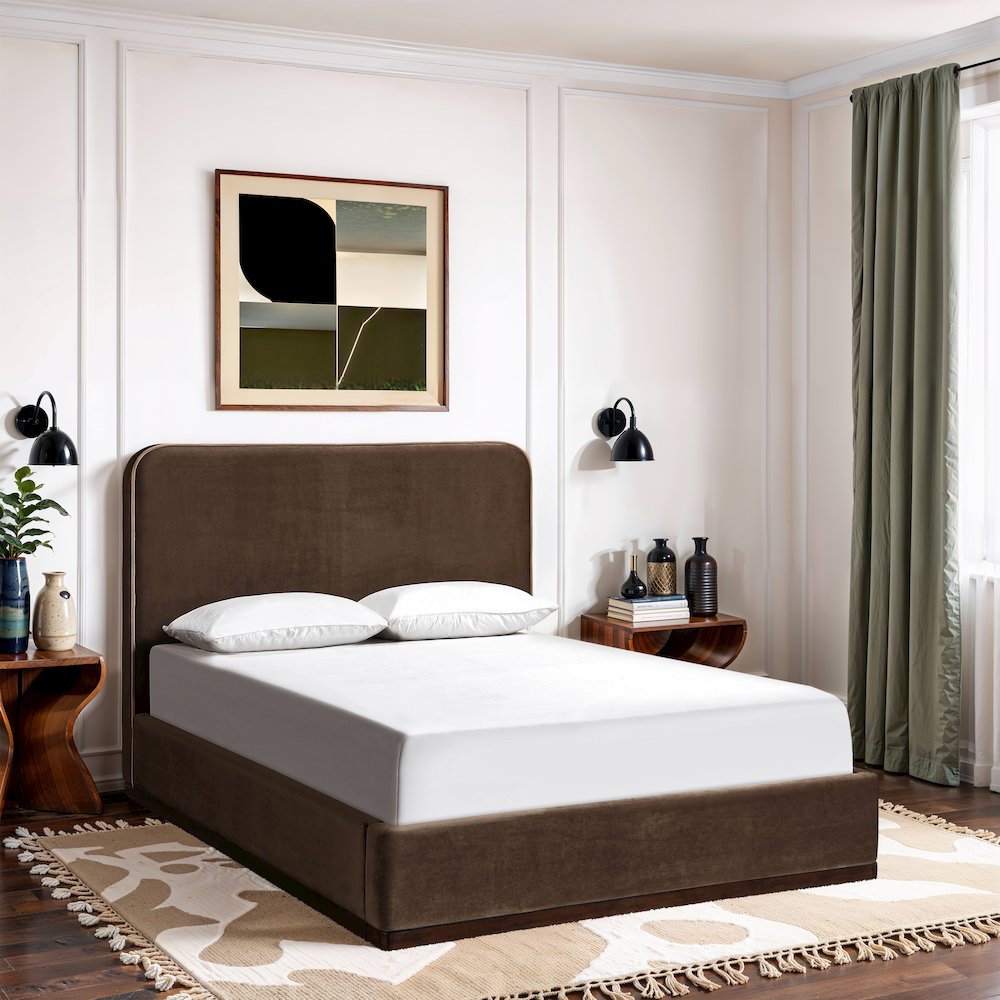 Rava Brown / Beige Velvet Upholstered Queen Bed. Picture 7