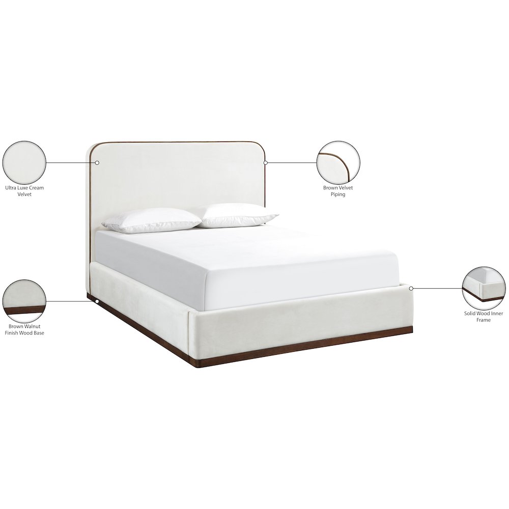 Rava Cream / Beige Velvet Upholstered Queen Bed. Picture 10