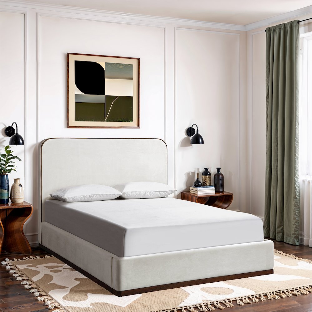 Rava Cream / Beige Velvet Upholstered Queen Bed. Picture 7